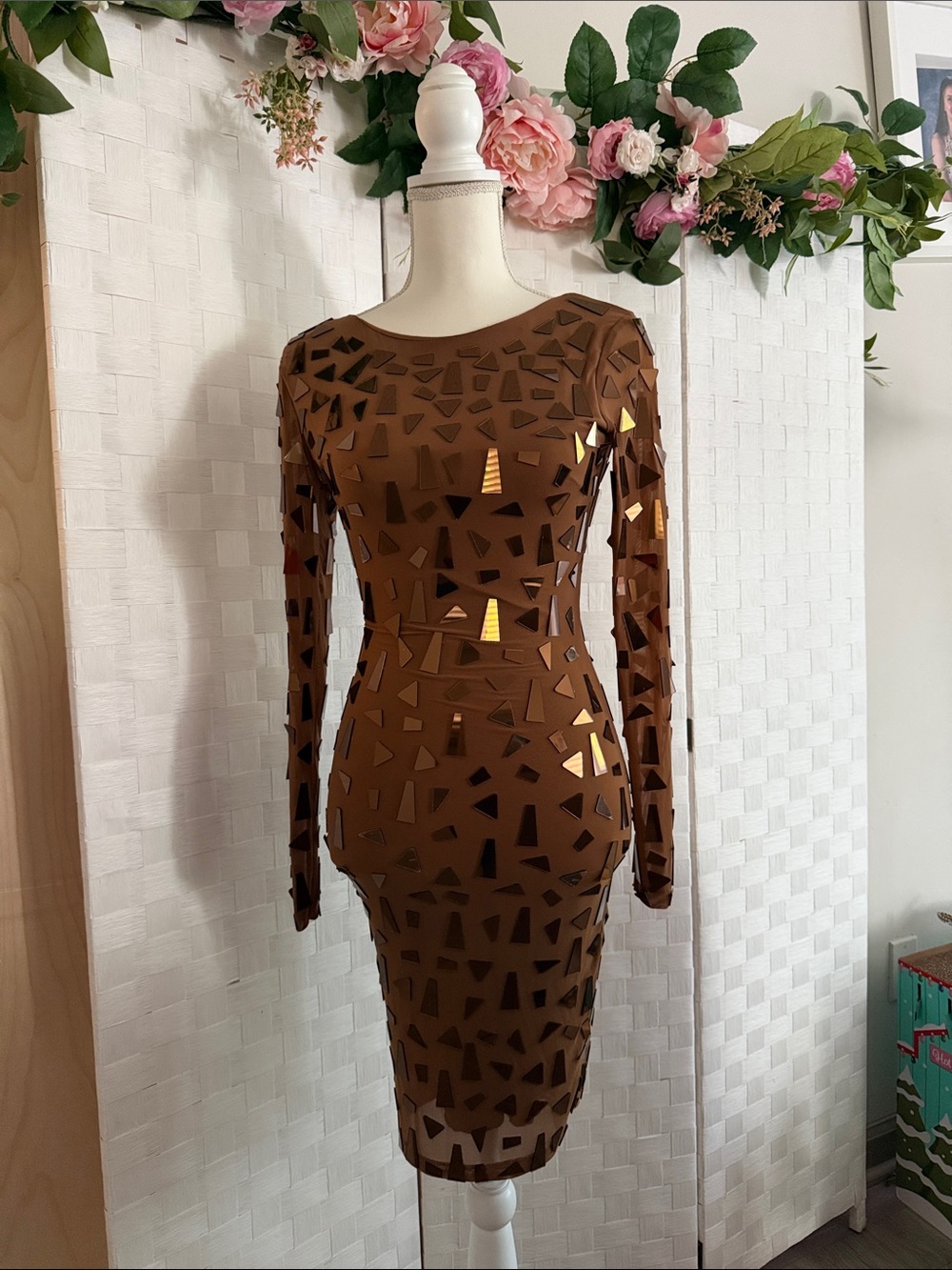 Symphony Brown Midi Dress with Gold Mirror Accents